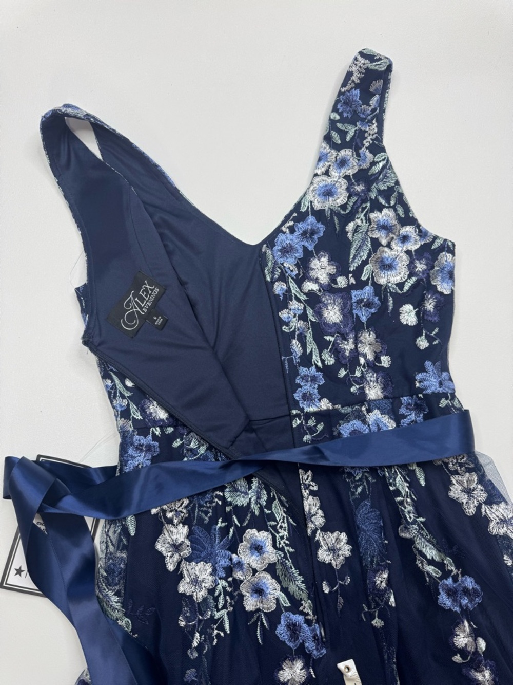 Alex Evenings Navy Blue Floral Midi Dress with Satin Ribbon - Picture 14 of 14